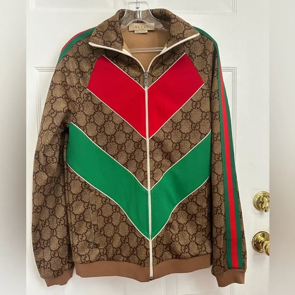 Gucci Brown GG Logo Jacket with Red and Green Stripes